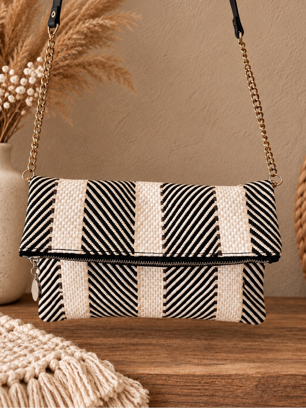 Woven Black and Cream Fold-Over Crossbody Bag